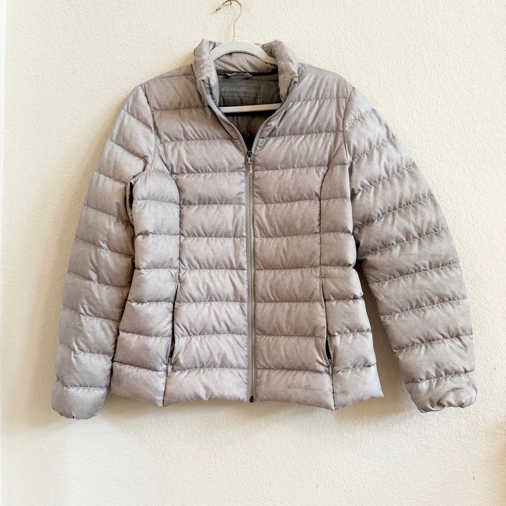 Eddie Bauer Womens Gray Quilted Down‎ Puffer Jacket Size Medium Full Zip Pockets
